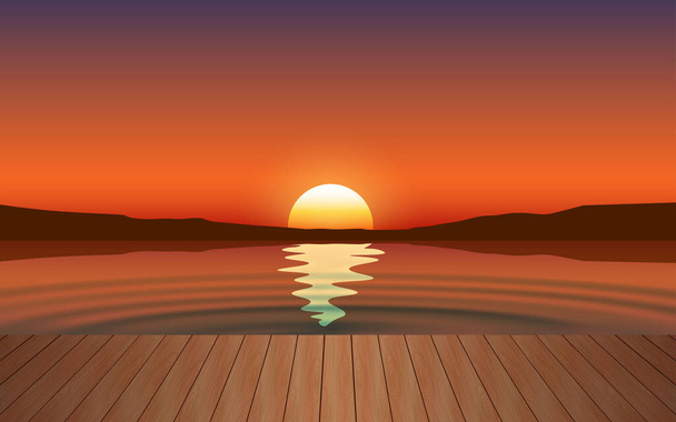 夕暮れ時の浜辺の木製の橋の風景 - ベクター画像