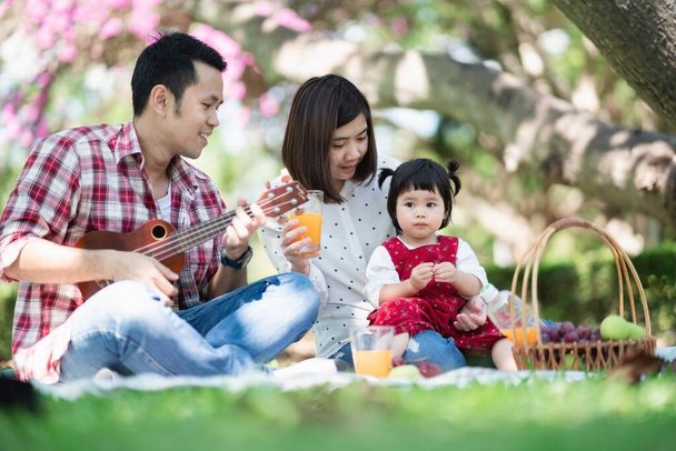 Familia feliz sentada en el césped durante un picnic en un parque, concepto familiar - Foto, imagen