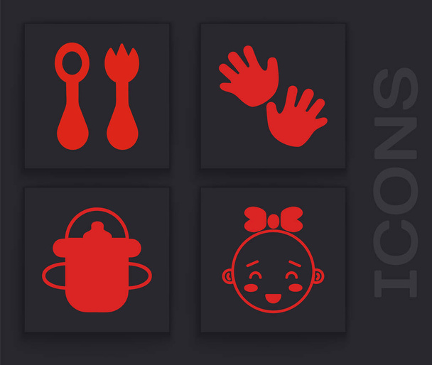 Set Happy little girl head, Baby cutlery with fork and spoon, Baby hands print and Baby bottle icon. Vector. - Vector, Image