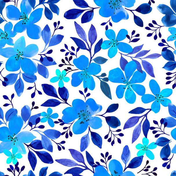 blue small flowers watercolor illustration for the design of textiles. Seamless pattern for textile - Foto, Imagem