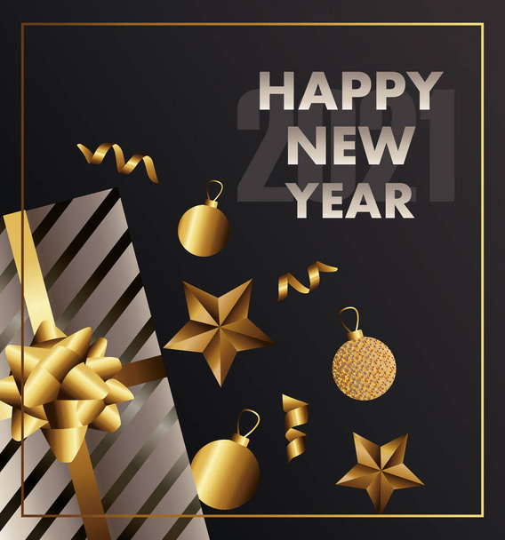 šťastný nový rok 2021 nápisy s kuličkami a dárkovým čtvercovým rámečkem - Vektor, obrázek