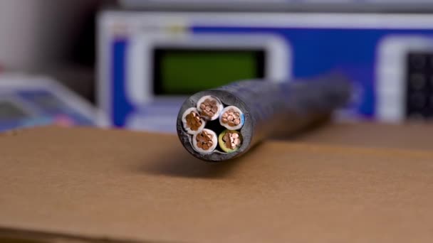 Cross-section of a high-voltage cable with a copper core in a plastic winding. Close up - Footage, Video
