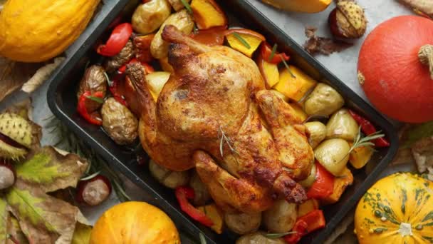 Pečené celé kuře nebo krocan s dýněmi, pepřem a bramborami. S barevnými mini dýněmi - Záběry, video