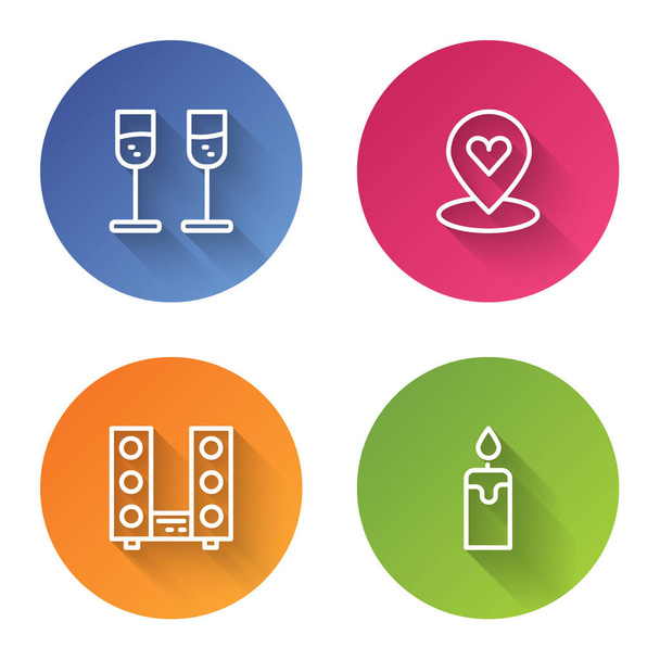 Set line Glass of champagne, Location with heart, Home stereo two speakers and Burning candle. Color circle button. Vector. - ベクター画像