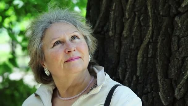 Primer plano de la mujer mayor al aire libre en el parque mirando hacia arriba - Metraje, vídeo