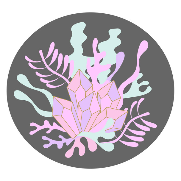 Runde handgezeichnete Doodle-Komposition mit Kristallen und Algenpflanzen. Unterwasserwelt Meer Ozean Fluss. Vektor-Hintergrund - Vektor, Bild
