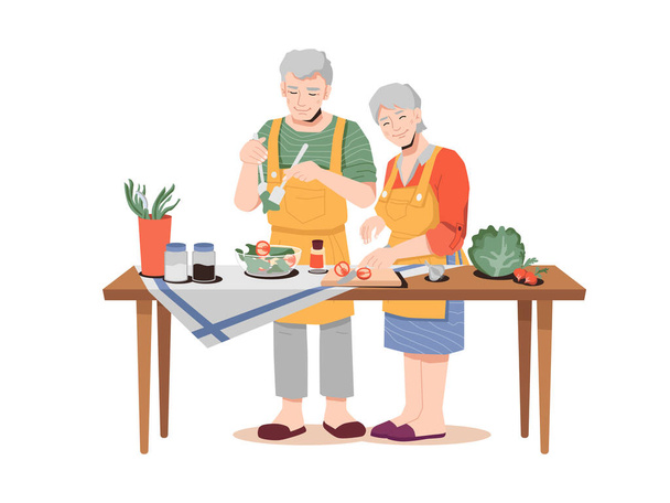 Υγιεινά τρόφιμα, ηλικιωμένοι ζευγάρι μαγειρεύει δείπνο στο τραπέζι - Διάνυσμα, εικόνα