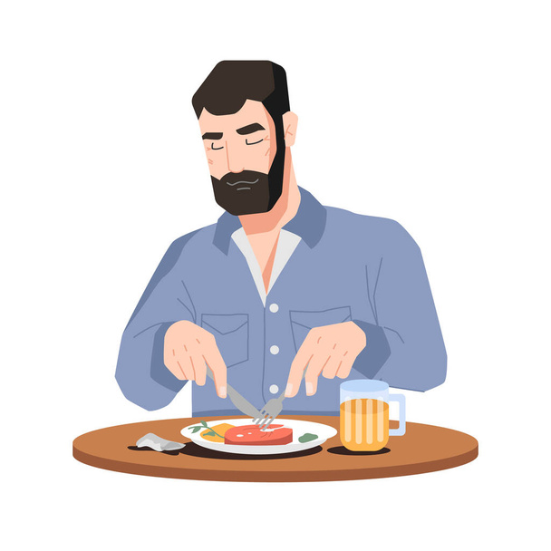 Man enjoying food and drinks. Meat, beer on table - Vector, Image