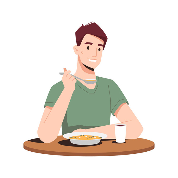 Ο άνθρωπος απολαμβάνει το δείπνο τρώνε σούπα με κουτάλι, χυμό σε ποτήρι - Διάνυσμα, εικόνα