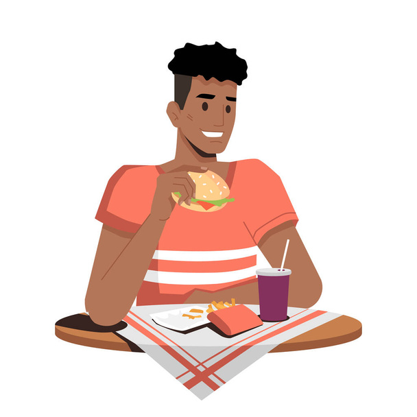 Chico afroamericano comiendo hamburguesa, papas fritas y cola - Vector, Imagen
