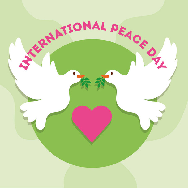 Internationaler Tag des Friedens Schriftzug mit Herz und fliegenden Tauben - Vektor, Bild