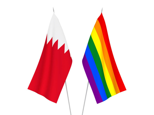 Banderas nacionales de tela de Bahréin y arco iris orgullo gay aislado sobre fondo blanco. Ilustración de representación 3d. - Foto, imagen