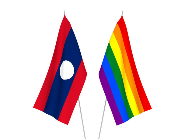 Εθνικές σημαίες υφάσματος του Λάος και Rainbow γκέι υπερηφάνεια απομονώνονται σε λευκό φόντο. 3d απεικόνιση απόδοση. - Φωτογραφία, εικόνα