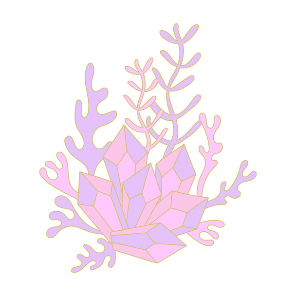 Cristales y plantas de algas. Mundo submarino mar océano río. Composición Doodle dibujada a mano, Vector - Vector, Imagen