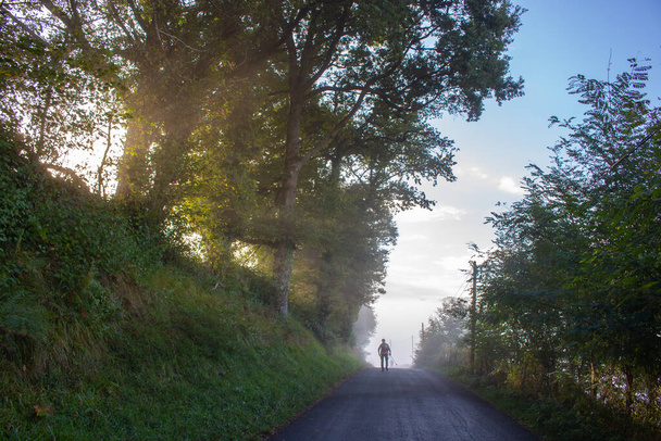 Τουριστικό περπάτημα στην ομίχλη. Backpacker στο δρόμο σε ομιχλώδη πρωί και το φως του ήλιου. Προσκυνητής στο Camino de Santiago. Ενεργός τρόπος ζωής. Ταξιδιώτης στη διαδρομή με ομίχλη. Έννοια ελευθερίας και περιπέτειας. Περπατώντας στο δάσος. - Φωτογραφία, εικόνα