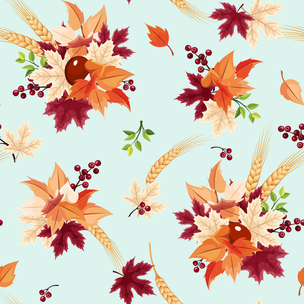 Vector seamless pattern with colorful autumn leaves on a pale turquoise background. - Vector, imagen