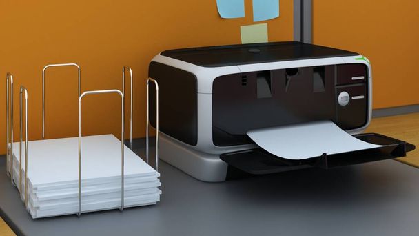 фотокопир или сканер и простая белая бумага стенд изолирован на столе, 3D рендеринг. - Фото, изображение