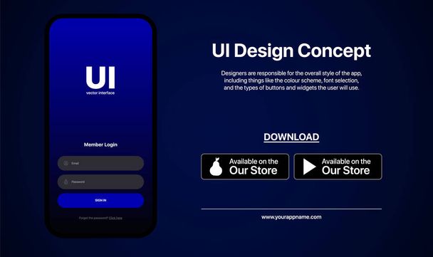 Concepção de Interface de Janela. UI Design Concept. Nova promoção de aplicativos. Botões de download. App Store. Ilustração do vetor de mídia social no fundo azul do gradiente - Vetor, Imagem