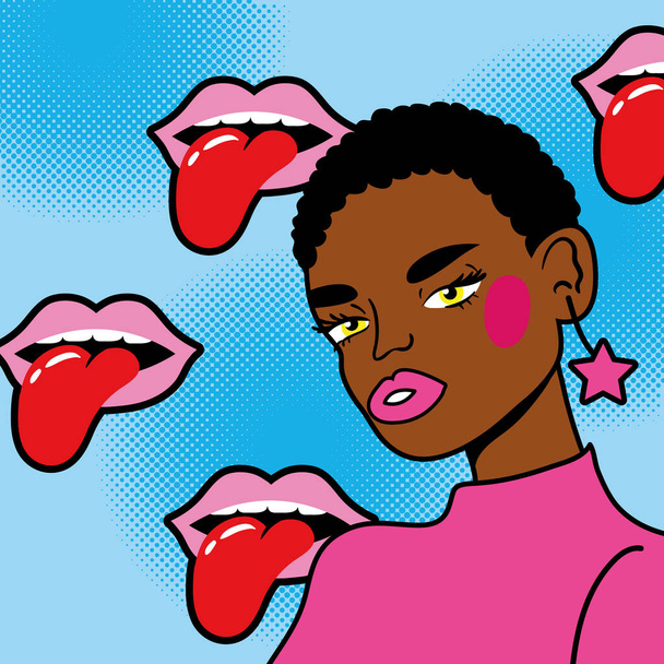 jeune femme afro avec bouche style pop art - Vecteur, image