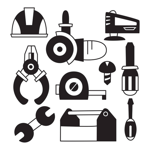 ícones de ferramentas de engenharia e construção doodle desenhado à mão - Vetor, Imagem