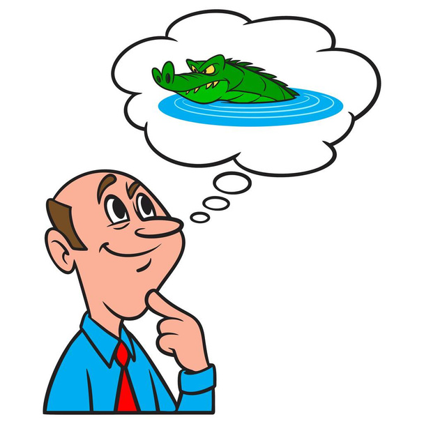 Pensando en Florida Gators - Una ilustración de dibujos animados de un hombre pensando en un cocodrilo de Florida. - Vector, Imagen