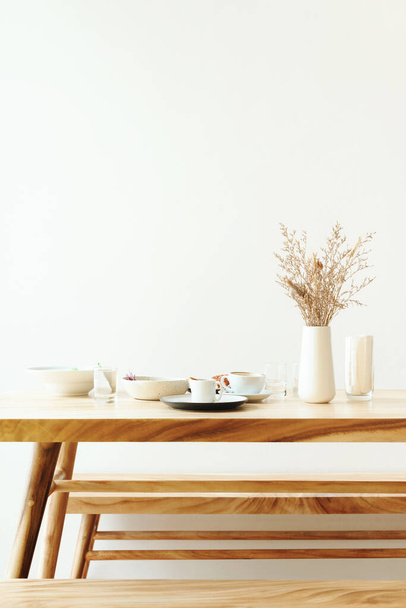 Minimalism Decor Cafe Pastel. Dry flowers. Restaurant food. kinfolk style - Fotó, kép