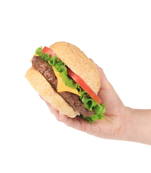 Hand holds fresh hamburger - Foto, imagen