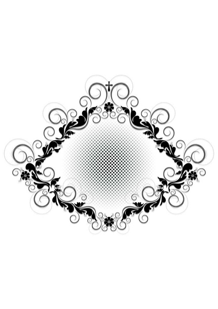 Vintage black floral frame with dotted swirls and a cross on a patterned white background - Vettoriali, immagini