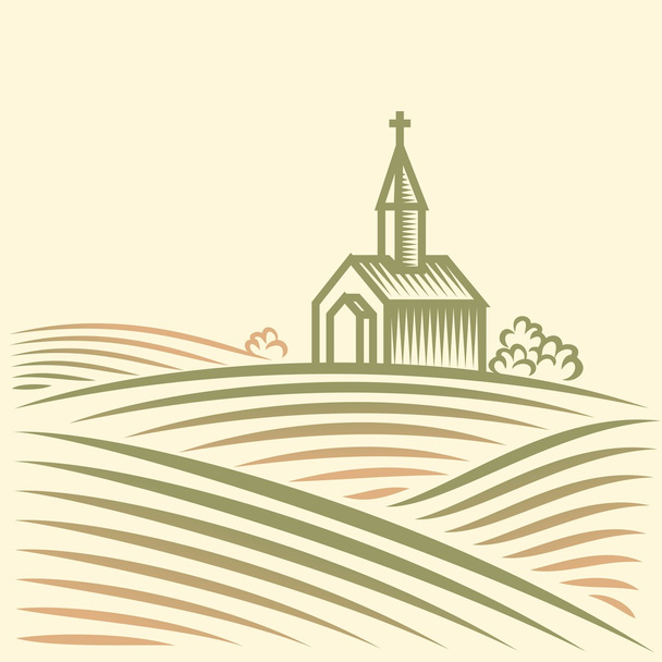 Paisaje rural con campos e iglesia
 - Vector, Imagen
