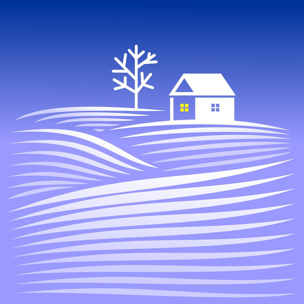 Maisema lumen peitossa kukkuloilla ja kotona
 - Vektori, kuva