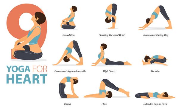 Рисунок 9 Yoga позирует для тренировки дома в концепции Yoga for heart в плоском дизайне. Женщины упражняются для тела растяжения. Йога пост или асана для фитнеса инфографика. Плоский вектор. - Вектор,изображение