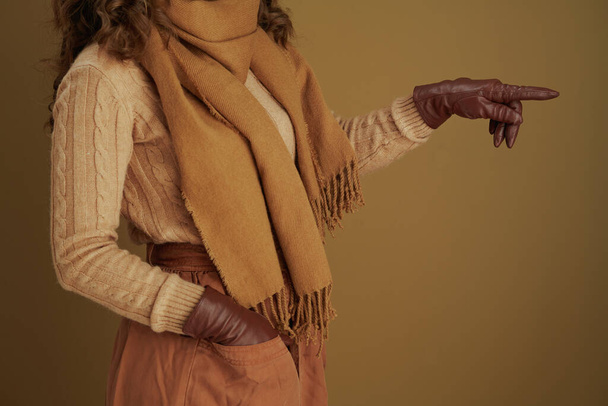 Hello autumn. Closeup on woman in scarf with leather gloves pointing at something against beige background. - Photo, Image