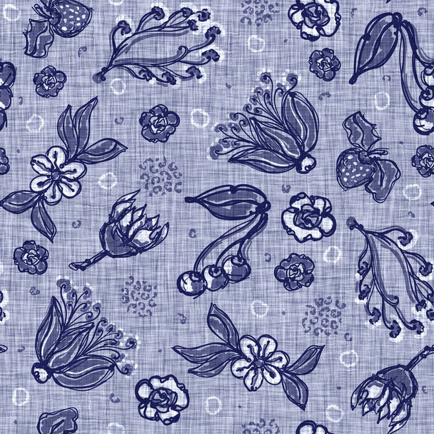 藍青花ブロックプリントリネンの質感の背景を染め。シームレスに織られた日本の繰り返しバティックパターンウォッチ。花の有機悩んでいるブロック｜print all over text.. - 写真・画像