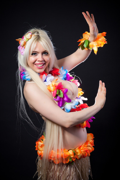 Blonde girl in hawaiian costume - 写真・画像