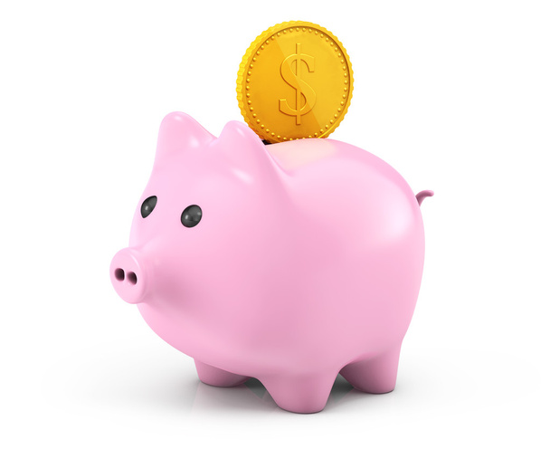 Gouden dollar munt vallen in een roze piggy bank - Foto, afbeelding