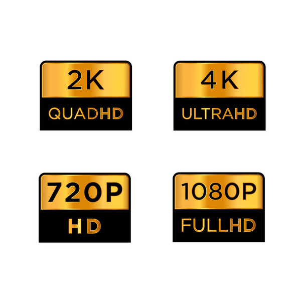 Golden 2k quad hd, 4k ultra hd, 720 hd, a 1080p full hd Video Rozlišení Ikona Logo; High Definition TV / Game Screen monitor display Label - Vektor, obrázek