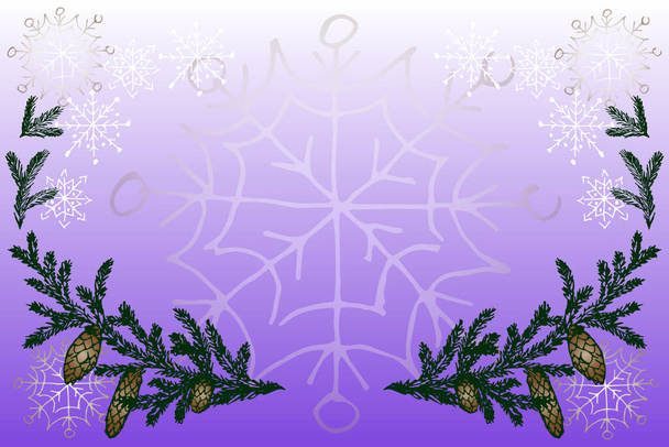  Vector template van Kerstmis, Nieuwjaarskaart. Groene sparren takken met kegels op een lila gradiënt achtergrond met lichte sneeuwvlokken. Met de hand getekend. - Vector, afbeelding