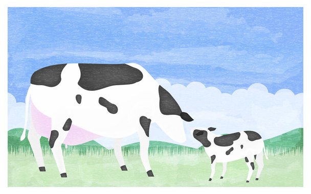 Ilustración de una madre y un ternero dando un saludo en un rancho de verano - Vector, Imagen