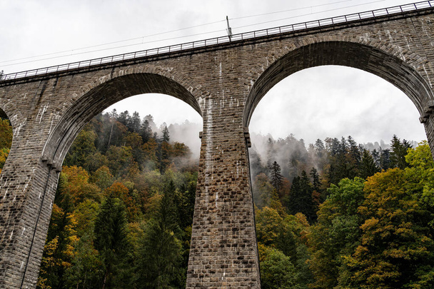 ブライトナウのラヴェンナ峡谷の古い鉄道橋の壮大な景色を背景にいくつかの霧、ドイツ - 写真・画像