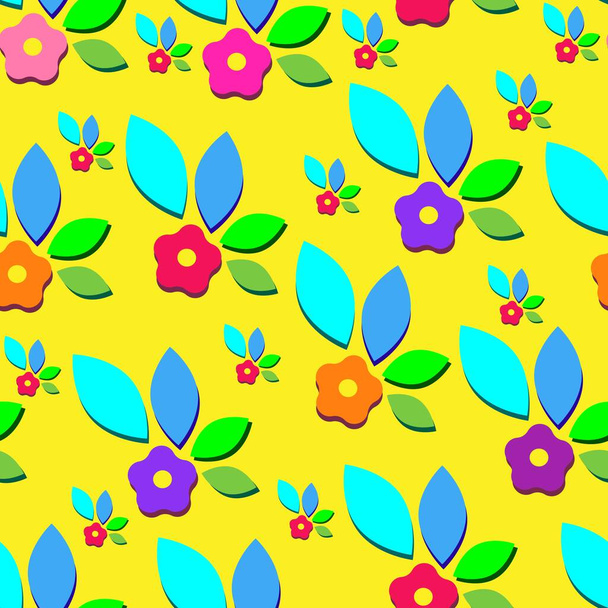 Floral seamless pattern, cute bright children's print with flowers in the style of cartoons, beautiful floral pattern, bright summer colors, vector print. - Vector, Image