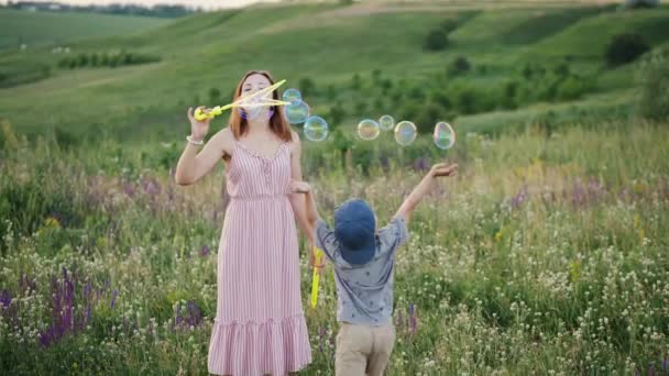 Mamá con hijo pequeño jugar con burbujas de jabón en la naturaleza - Imágenes, Vídeo