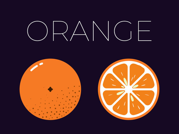 Vector of orange and sliced half of orange on dark background - Вектор,изображение