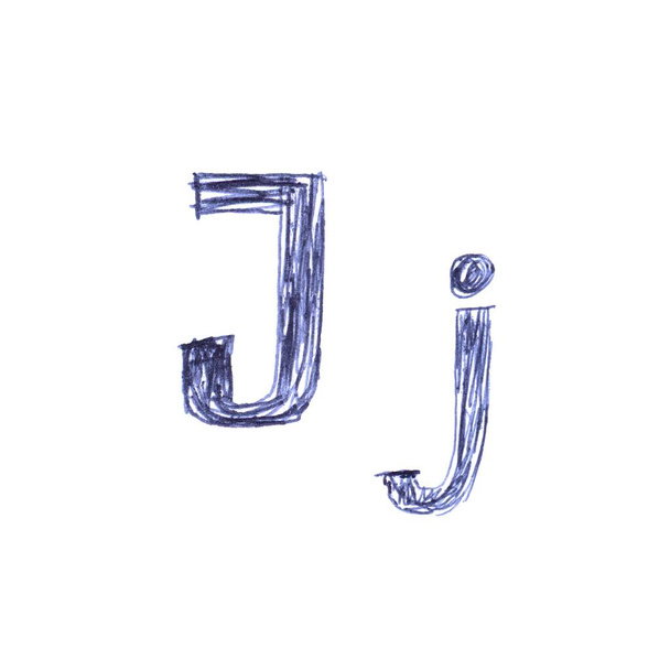 Jj - letra del alfabeto dibujada a mano con un bolígrafo azul. Una fuente única. - Foto, imagen