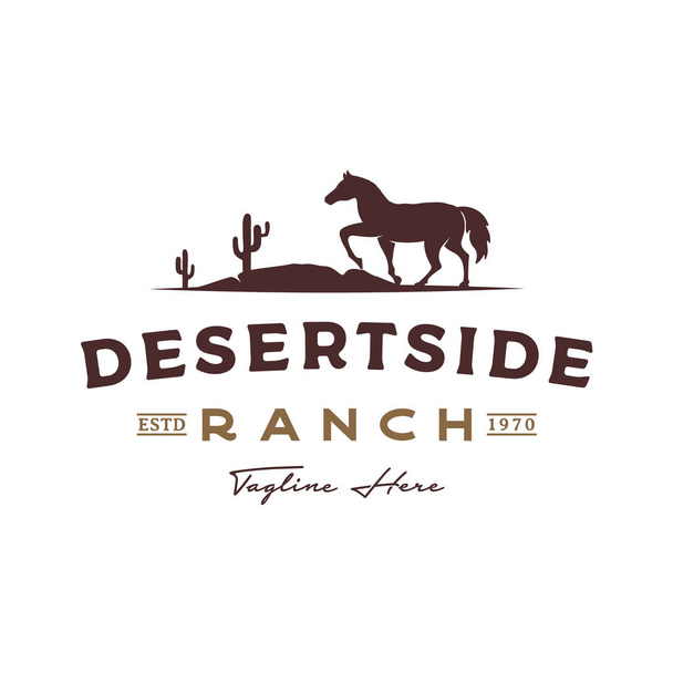Άλογο σιλουέτα στην έρημο με κάκτους για vintage ρουστίκ ρετρό ροντέο εξοχή δυτική χώρα αγρόκτημα ράντσο σχεδιασμό λογότυπο - Διάνυσμα, εικόνα