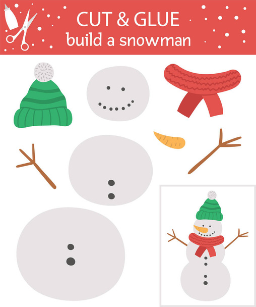 Vector Christmas cut and glue activity. Winter educational crafting game with cute snowman. Fun activity for kids. Build a snowman worksheet for children - Vector, Image