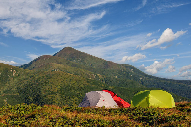 Turist çadırları, Ukrayna Karpatlarının en yüksek tepesine bakan çimenli bir yamaçta dururlar. - Fotoğraf, Görsel