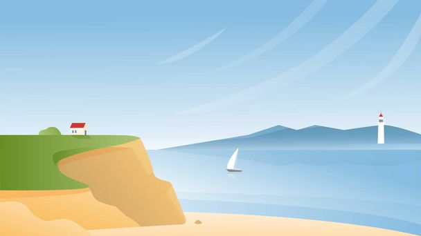 Rocky meren rannikko vektori kuva, sarjakuva tasainen panoraama luonnonkaunis merimaisema rauhallinen luonto ranta ja pieni talo kiviä, purjehdus vene laiva, majakka horisontissa - Vektori, kuva