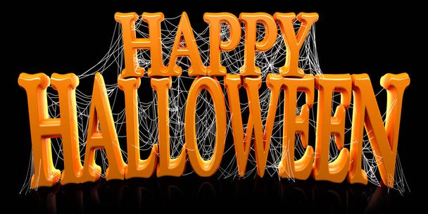 Oranje Happy Halloween tekst bedekt met griezelige spinnenwebben banner - 3d render - Foto, afbeelding
