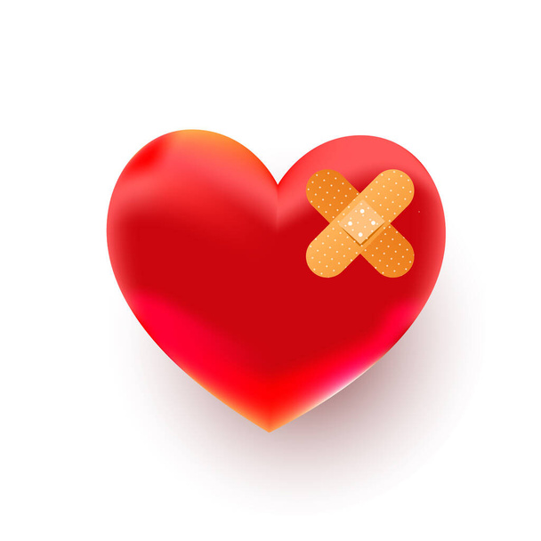 Gebrochene rote Herzform mit Verband auf weißem Hintergrund, Draufsicht. Raum für Text - Vektor, Bild