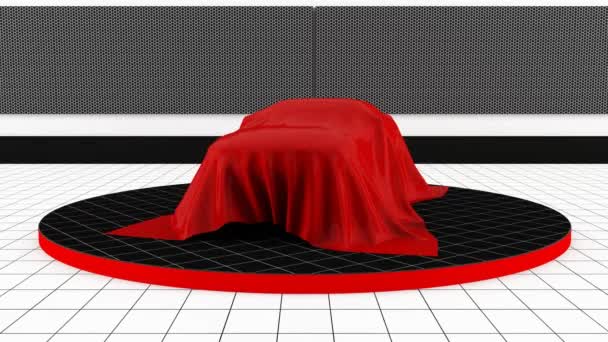 Auto show car presentazione. Auto 3D coperta da una copertura lucida rossa da svelare - Filmati, video